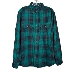 Faded Glory Men's Black Green Plaid Button Down Flannel Collared Shirt Medium M